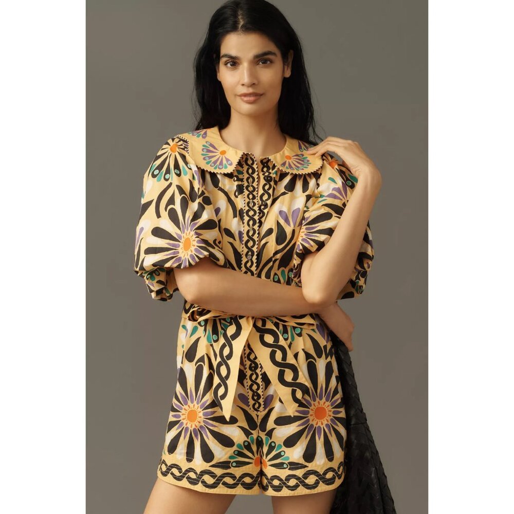 NWT Farm Rio x Anthropologie Puff-Sleeve Printed Romper